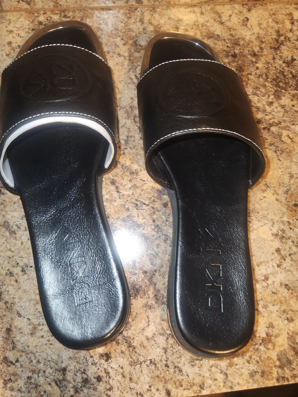 DKny Black Slide Sandals with White Trim - Women's Casual Slip-On